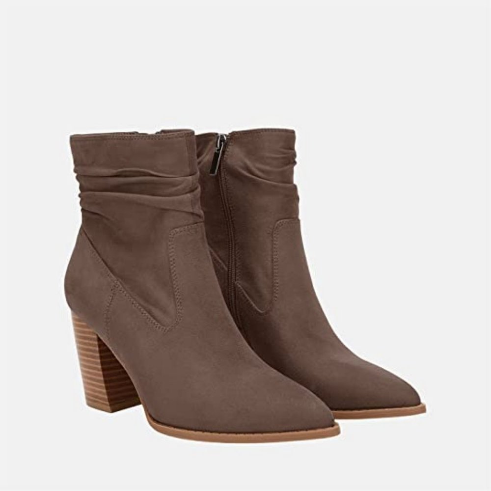 Brown Stacked Heel Side Zipper Suede Ruched Booties Boots Size 9